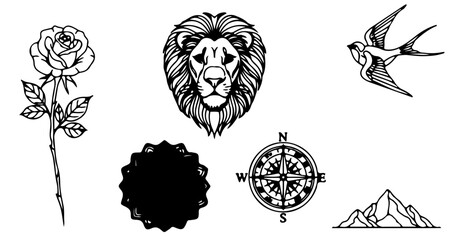 Collection of various tattoo designs, including rose, lion, and swallow