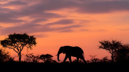 Single elephant silhouetted against sunset savanna