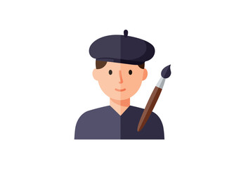 Smiling flat design artist character wearing beret holding paintbrush creative profession icon.