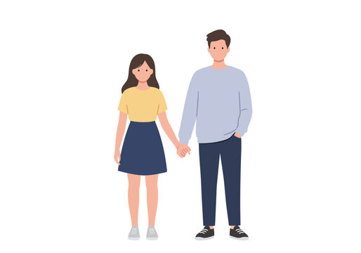 Cartoon Couple Holding Hands Woman in Yellow Shirt and Man in Blue Sweater.