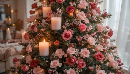 "Christmas tree decorated with rose petals, candles, and tiny hearts — warm romantic aesthetic"