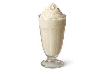 Classic vanilla milkshake in tall glass with whipped cream topping isolated on white background refreshing sweet beverage dessert concept for cafes diners and menus
