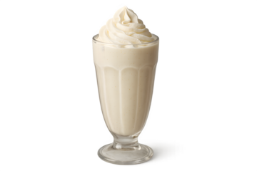 Classic vanilla milkshake in tall glass with whipped cream topping isolated on white background refreshing sweet beverage dessert concept for cafes diners and menus
