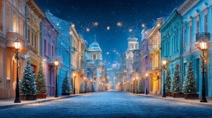 Obraz premium Charming festive street decorated with lights and Christmas trees in a winter evening setting