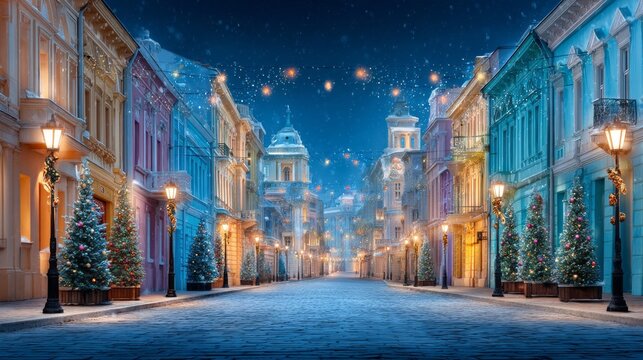 Charming festive street decorated with lights and Christmas trees in a winter evening setting