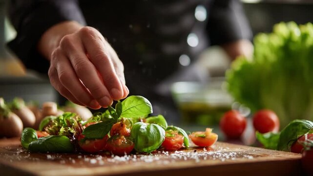 Culinary Creation: A skilled chef expertly prepares a vibrant dish, delicately adding fresh herbs as a final touch.