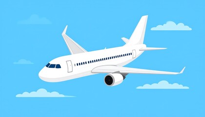 Obraz premium A cartoon-style white passenger jet flying high through a blue sky