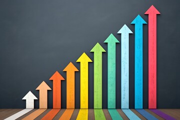 A visual representation with many colorful arrows depicting upward progress, steady growth, increasing success, and positive financial development in a business concept.