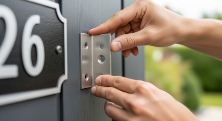 Hands positioning a metal anchor bracket on an exterior wall prior to securing a house number plaque through predrilled holes.