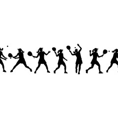 Silhouette of women playing pickleball on a white background.