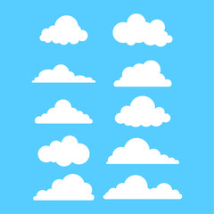 Cartoon white cloud vector set on blue sky background, simple weather graphic elements for design