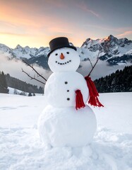 Smiling snowman in a snowy field with mountains behind