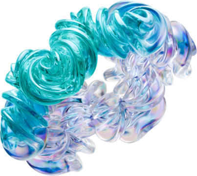 Abstract Iridescent Glass Sculpture with Curving Swirls Transparent Background in Turquoise and Opalescent Hues