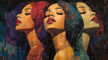 Three women, diverse, artistic portrait, multiple views, wall art, interior decor