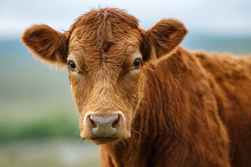 Close-up of a young brown cow with a blurred green pasture