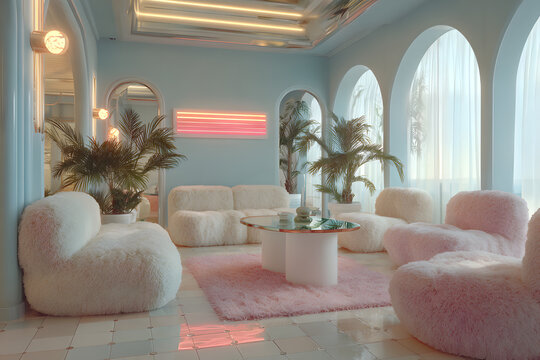 vintage futuristic lounge featuring fluffy pastel furniture designed in a dreamy elegant retro futuristic interior style