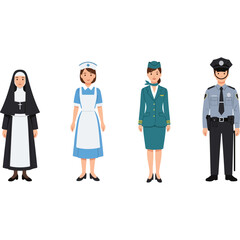 Diverse Professionals in Uniforms - Nurse, Stewardess, Policeman, and Nun.