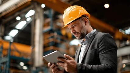 Industry Professional at Work: A focused industry professional wearing a hard hat and business suit attentively reviews data on a tablet within a bustling industrial setting. - Powered by Adobe