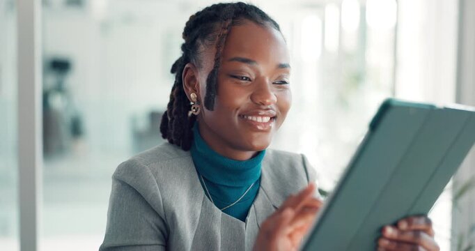 Black woman, tablet and smile in office at startup for insight, notes or checklist for project at media company. Person, writer and tech with app, review proposal and research at creative agency