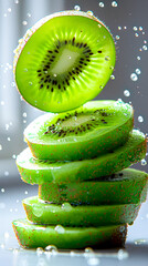 Fresh green kiwi slice with water drops, close-up macro shot showing juicy texture and freshness – 4K image