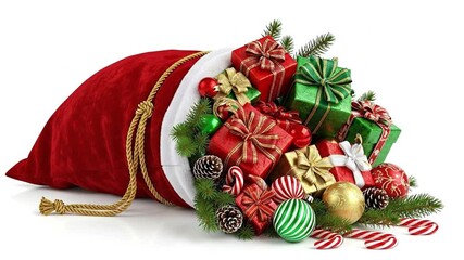 A vibrant red sack, richly textured and tied with a golden cord, dramatically overflows with a delightful assortment of holiday treasures on a pristine white background. Beautifully wrapped presents i - Powered by Adobe