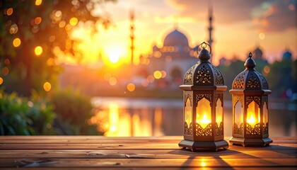 Elegant lanterns glow warmly on a wooden table at sunset near a serene mosque by the water