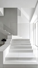 Fototapeta premium This minimalist, modern interior features a striking white staircase with clean lines and geometric forms, bathed in natural light
