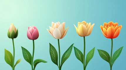 Fototapeta premium Colorful vector graphics depicting flowers at different blooming stages.