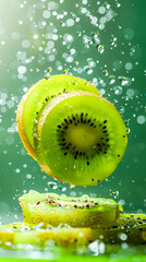 Fresh green kiwi slice with water drops, close-up macro shot showing juicy texture and freshness – 4K image