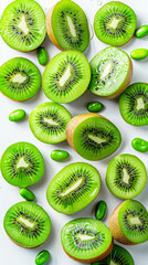 Fresh green kiwi slice with water drops, close-up macro shot showing juicy texture and freshness – 4K image