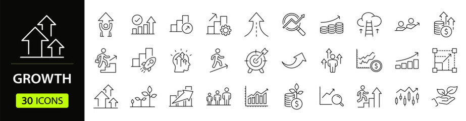 Growth Web Icon Set in Line Style. Collection of Upskill Linear Icons, Including professional, personal, financial growth, progress, career,  arrows up, goal, development and more. Editable Stroke