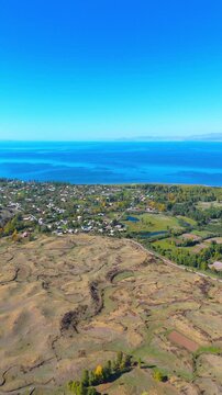 Beautiful view of the lake. Landscape of lake Sevan by drone 