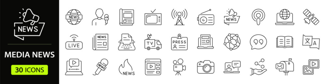 News media Web Icon Set in Line Style. Collection of Mass media Linear Icons, Including tv, radio, newspaper, magazine, news, broadcasting, press, interview, journalism and more. Editable Stroke