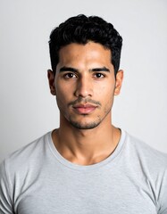 Fototapeta premium A close-up portrait of a young man, centered, looking directly at the viewer