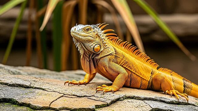 A vibrant yellow-orange iguana, an exotic reptile, sits poised on a sunlit rock. Its detailed scales, prominent crest, and unique dewlap are clearly visible, showcasing the intricate beauty of this cr