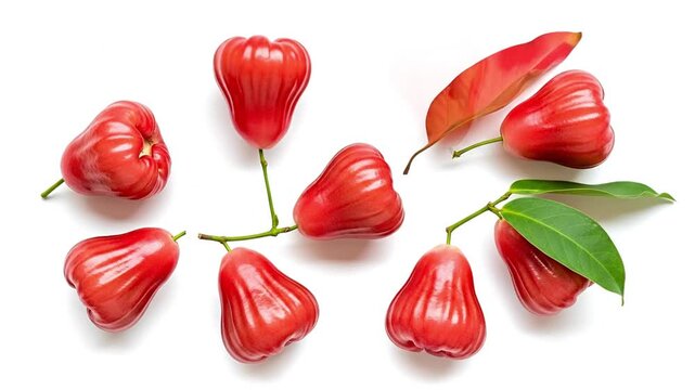 A visually appealing arrangement of fresh, vibrant red bell-shaped fruits, meticulously displayed on a pristine white background. Each fruit boasts a glossy, smooth skin, hinting at its juicy and refr