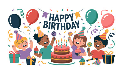 Happy Birthday Kids Party – Cake, Balloon, Gifts – Flat Vector Illustration, Children Birthday Celebration with Cake and Balloons – Minimal Flat Vector, easily editable.