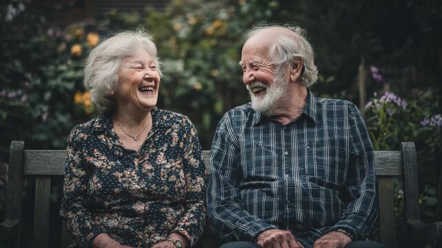 Enduring Bonds: An elderly couple shares a moment of laughter, their faces radiant with a lifetime of shared experiences and affection.