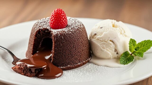 A visually appealing close-up shot showcases a decadent chocolate lava cake, exquisitely presented on a pristine white plate. The rich, dark cake is topped with a vibrant red raspberry and lightly dus
