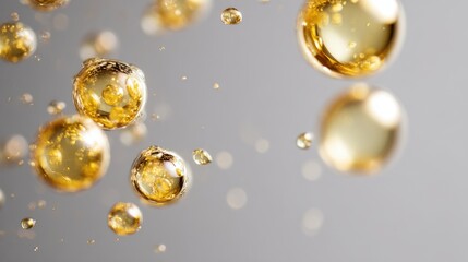 Close-up of golden bubbles floating in clear liquid with reflective