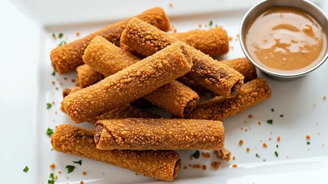 A visually appealing overhead shot showcases a generous serving of golden-brown, crispy fried rolls piled high on an elegant white rectangular plate. Each cylindrical appetizer boasts a delightful tex