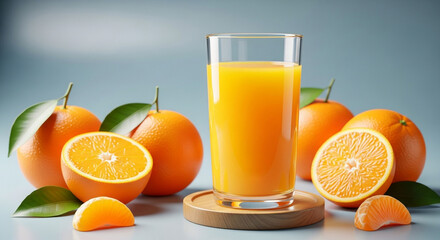 A refreshing glass of freshly squeezed orange juice surrounded by whole and sliced oranges on a clean surface