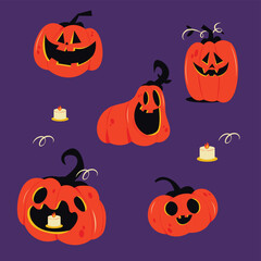 Five cartoon-style jack-o'-lanterns with unique carved faces are scattered on a purple background, accompanied by small lit candles and whimsical swirls.