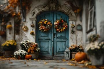 Fototapeta premium Rustic Autumn Decor: Harvest Door with Floral Wreaths and Pumpkins for Cozy Holiday Ambiance