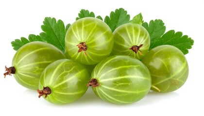 A cluster of green gooseberries with leaves, on a white background