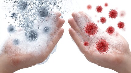 A pair of hands, one clean and the other infected, illustrates handwashing