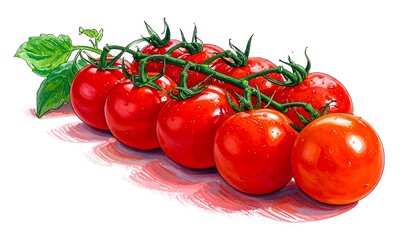A cluster of ripe red tomatoes on a vine, rendered in bright colors