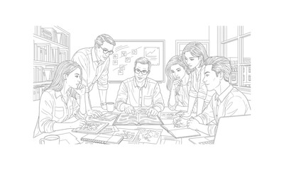 Group of professionals collaborates around a table, brainstorming ideas and discussing strategies to achieve their goals in a modern office setting for business and teamwork