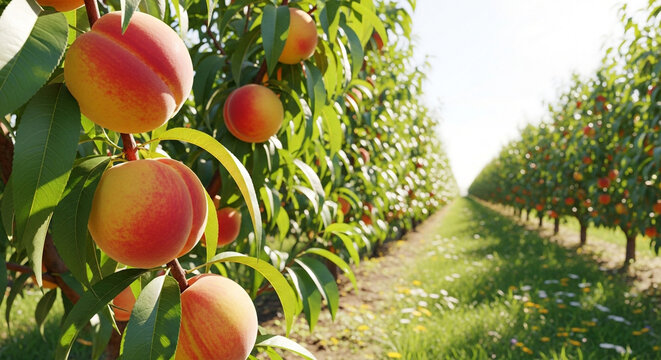 Peach tree orchard with ripe peaches ready for harvest on a sunny day in the countryside, agriculture concept