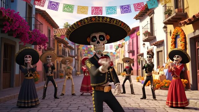 Animated Mariachi Skeleton Dancing in Mexican Village - A vibrant animation shows a group of mariachi skeleton characters dancing in a festive Mexican village setting.